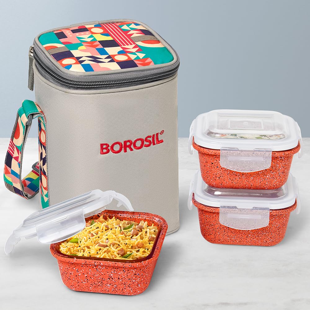Borosil Kube Pink Lunchbox | 320ml x 3 Square Borosilicate Glass Container Set with Bag | Microwave & Dishwasher Safe, Leakproof | Tiffin for Office, School, College ICCOLS3SQPNK04T