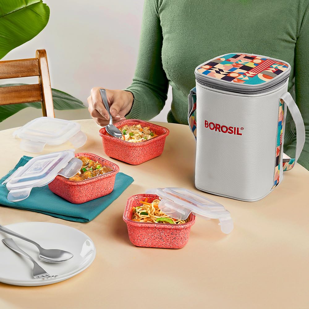 Borosil Kube Pink Lunchbox | 320ml x 3 Square Borosilicate Glass Container Set with Bag | Microwave & Dishwasher Safe, Leakproof | Tiffin for Office, School, College ICCOLS3SQPNK04T