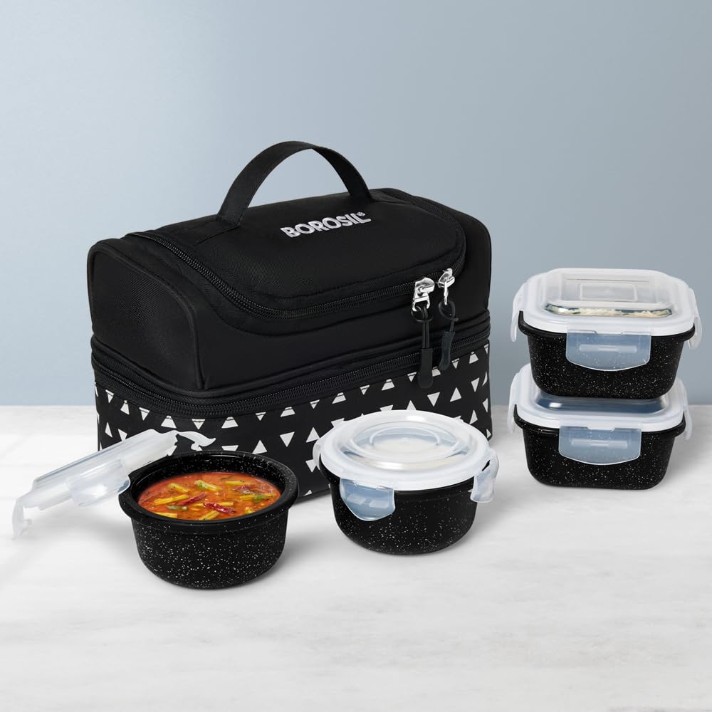 Borosil Kube Black Borosilicate Glass Lunchbox with Bag | 4 pc Container Set (320ml Square x 2 + 240ml Round x 2) | Microwave & Dishwasher Safe, Leakproof | Tiffin for Office, School, College ICCOLUNIBLK11T