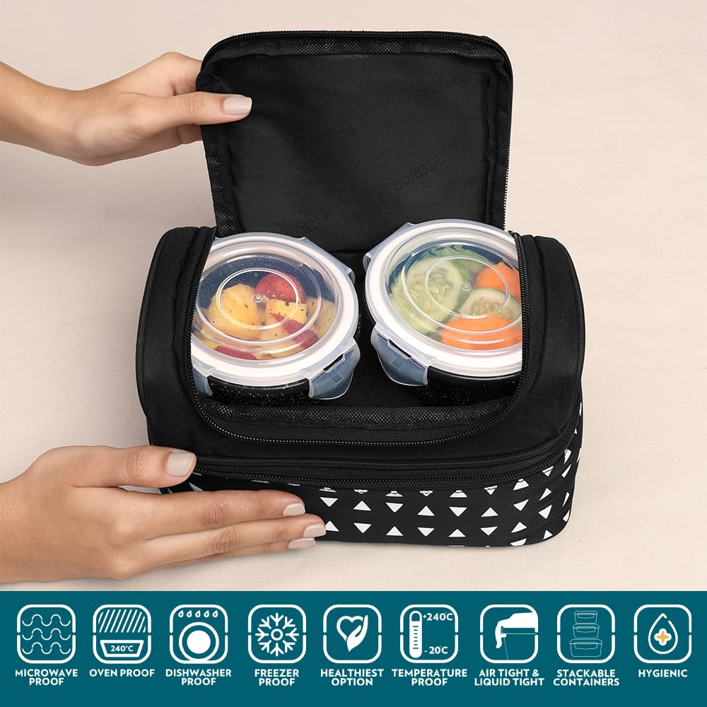 Borosil Kube Black Borosilicate Glass Lunchbox with Bag | 4 pc Container Set (320ml Square x 2 + 240ml Round x 2) | Microwave & Dishwasher Safe, Leakproof | Tiffin for Office, School, College ICCOLUNIBLK11T