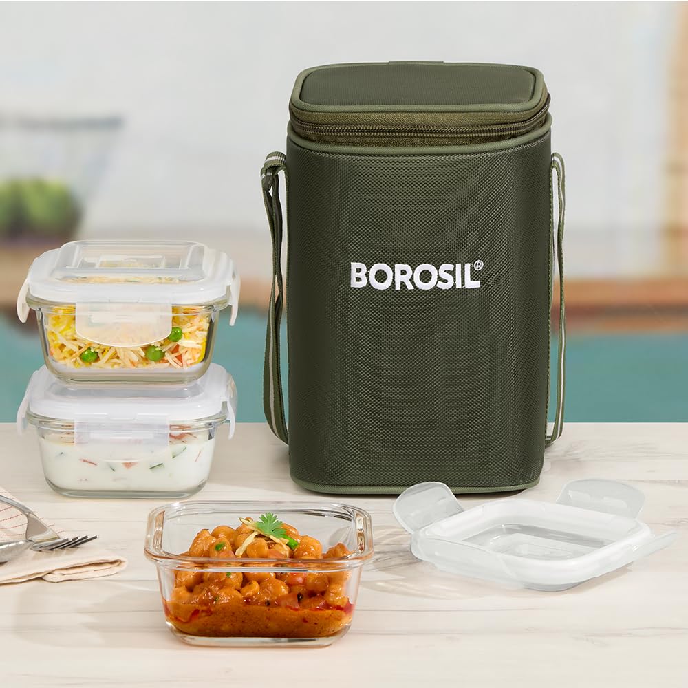 Borosil Eateasy Borosilicate Glass Lunchbox with Bag | 3 pc Square Container Set (320 ml Each) | Microwave & Dishwasher Safe, Leakproof | Tiffin for Office, School, College | Transparent BGFGBTIF0001