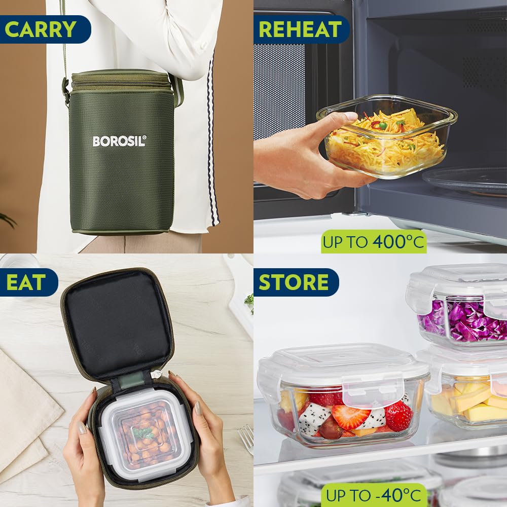 Borosil Eateasy Borosilicate Glass Lunchbox with Bag | 3 pc Square Container Set (320 ml Each) | Microwave & Dishwasher Safe, Leakproof | Tiffin for Office, School, College | Transparent BGFGBTIF0001