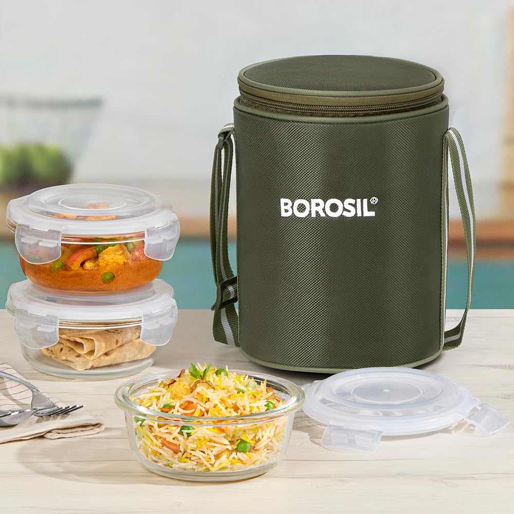Borosil Eateasy Borosilicate Glass Lunchbox With Bag | 3 Pc Round Container Set (400 Ml Each) | Microwave & Dishwasher Safe, Leakproof | Tiffin For Office, School, College  Bgfgbtif0002 - Color: Black