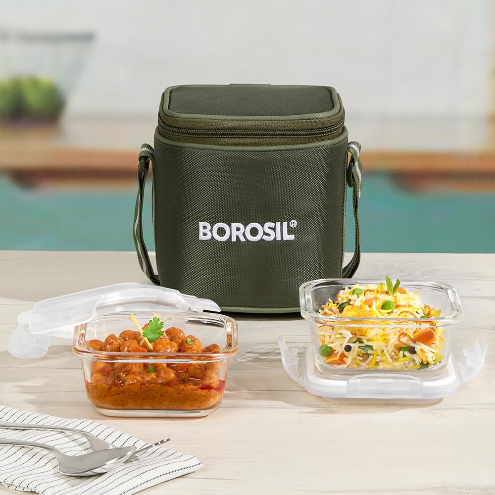 Borosil Eateasy Borosilicate Glass Lunchbox with Bag | 2 pc Square Container Set (320 ml Each) | Microwave & Dishwasher Safe, Leakproof | Tiffin for Office, School, College | Transparent, Vertical BGFGBTIF0003