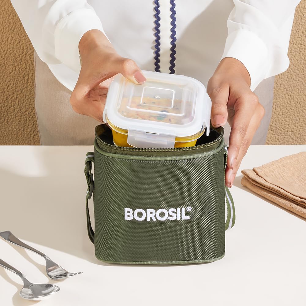 Borosil Eateasy Borosilicate Glass Lunchbox with Bag | 2 pc Square Container Set (320 ml Each) | Microwave & Dishwasher Safe, Leakproof | Tiffin for Office, School, College | Transparent, Vertical BGFGBTIF0003