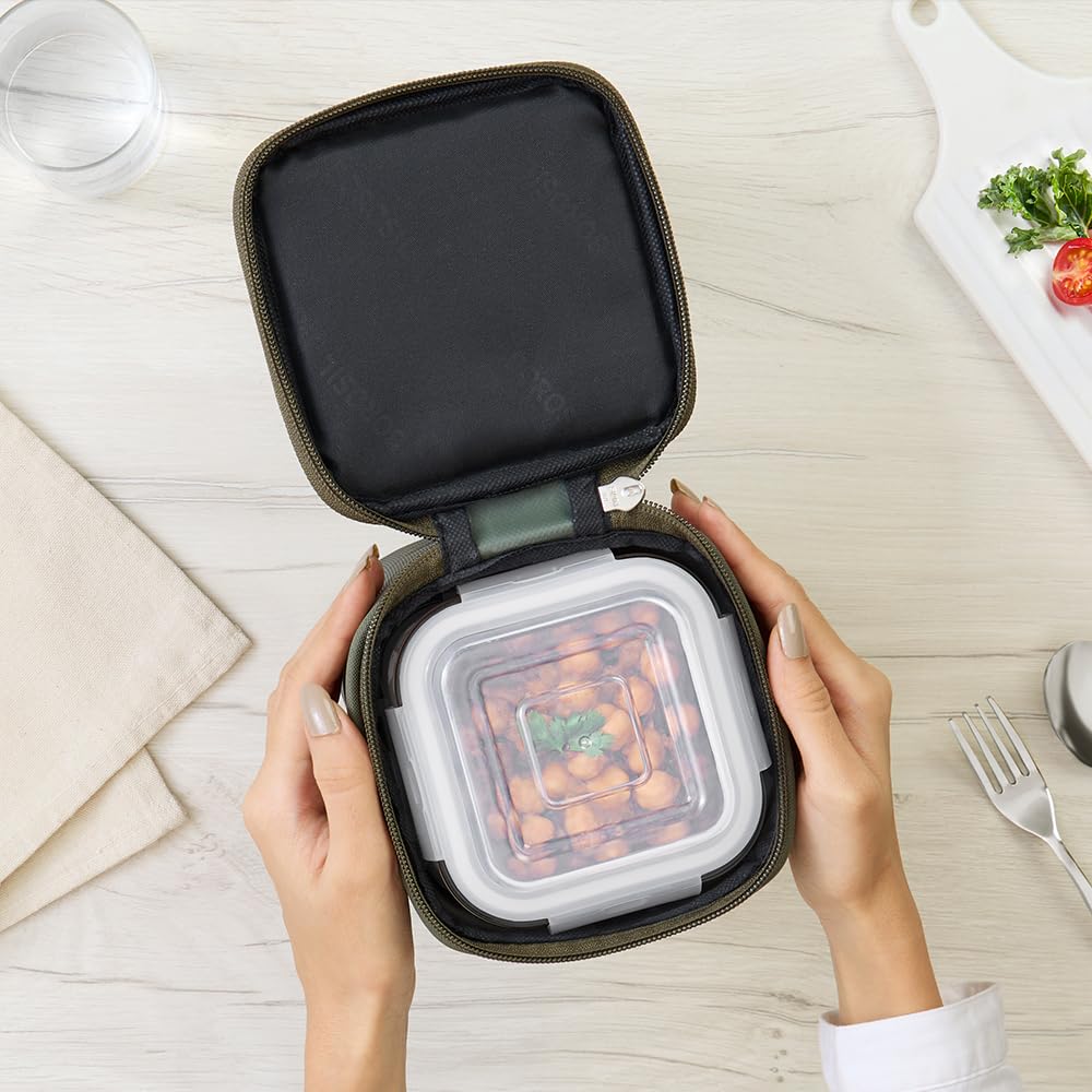 Borosil Eateasy Borosilicate Glass Lunchbox with Bag | 2 pc Square Container Set (320 ml Each) | Microwave & Dishwasher Safe, Leakproof | Tiffin for Office, School, College | Transparent, Vertical BGFGBTIF0003