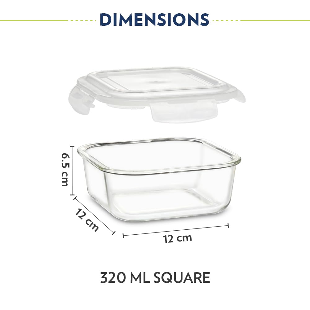 Borosil Eateasy Borosilicate Glass Lunchbox with Bag | 2 pc Square Container Set (320 ml Each) | Microwave & Dishwasher Safe, Leakproof | Tiffin for Office, School, College | Transparent, Vertical BGFGBTIF0003
