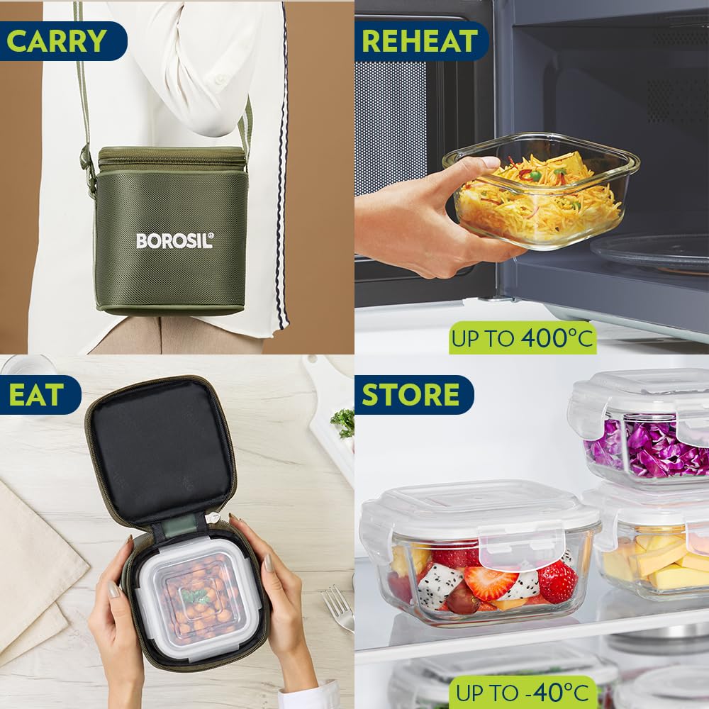 Borosil Eateasy Borosilicate Glass Lunchbox with Bag | 2 pc Square Container Set (320 ml Each) | Microwave & Dishwasher Safe, Leakproof | Tiffin for Office, School, College | Transparent, Vertical BGFGBTIF0003
