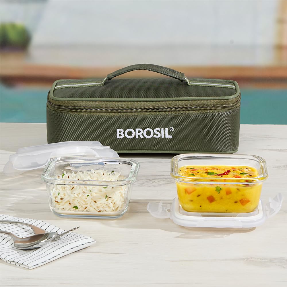 Borosil Eateasy Borosilicate Glass Lunchbox with Bag | 2 pc Square Container Set (320 ml Each) | Microwave & Dishwasher Safe, Leakproof | Tiffin for Office, School, College | Transparent, Horizontal BGFGBTIF0004