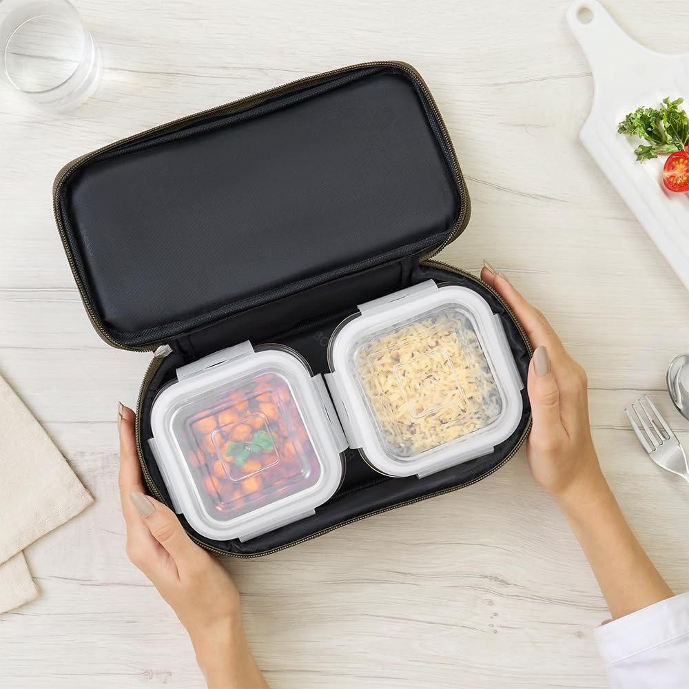 Borosil Eateasy Borosilicate Glass Lunchbox with Bag | 2 pc Square Container Set (320 ml Each) | Microwave & Dishwasher Safe, Leakproof | Tiffin for Office, School, College | Transparent, Horizontal BGFGBTIF0004