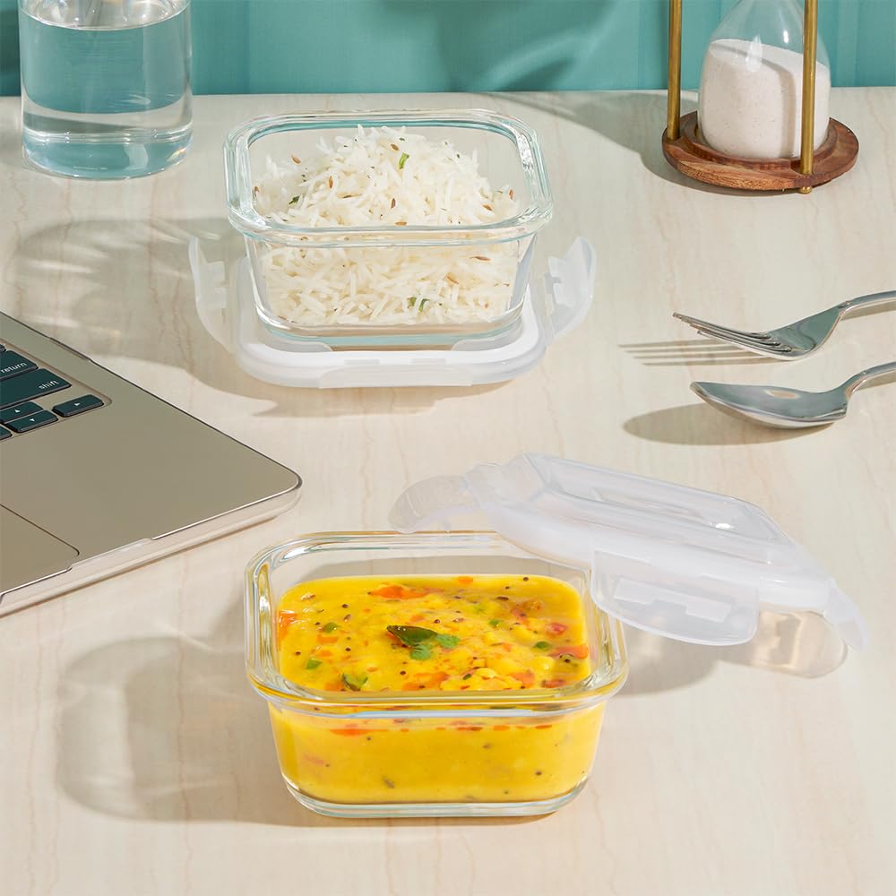 Borosil Eateasy Borosilicate Glass Lunchbox with Bag | 2 pc Square Container Set (320 ml Each) | Microwave & Dishwasher Safe, Leakproof | Tiffin for Office, School, College | Transparent, Horizontal BGFGBTIF0004