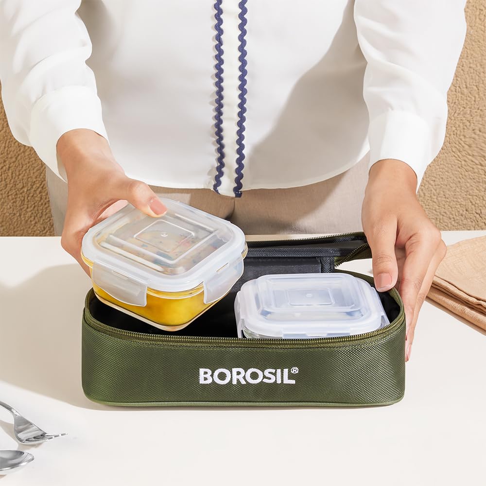 Borosil Eateasy Borosilicate Glass Lunchbox with Bag | 2 pc Square Container Set (320 ml Each) | Microwave & Dishwasher Safe, Leakproof | Tiffin for Office, School, College | Transparent, Horizontal BGFGBTIF0004