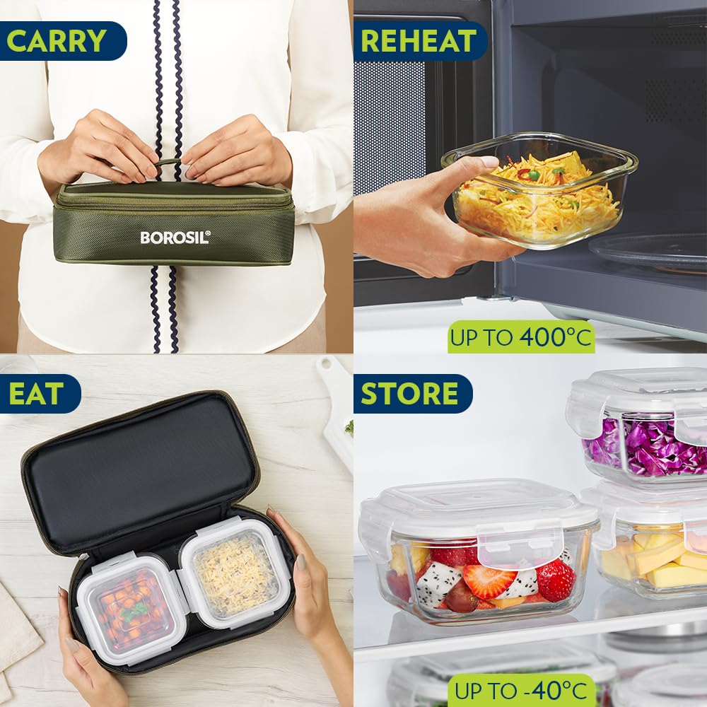Borosil Eateasy Borosilicate Glass Lunchbox with Bag | 2 pc Square Container Set (320 ml Each) | Microwave & Dishwasher Safe, Leakproof | Tiffin for Office, School, College | Transparent, Horizontal BGFGBTIF0004