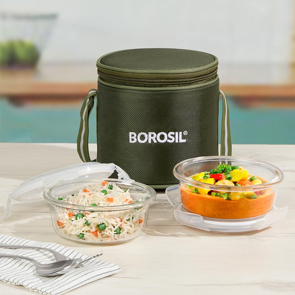 Borosil Eateasy Borosilicate Glass Lunchbox with Bag | 2 pc Round Container Set (400 ml Each) | Microwave & Dishwasher Safe, Leakproof | Tiffin for Office, School, College | Transparent, Vertical BGFGBTIF0005