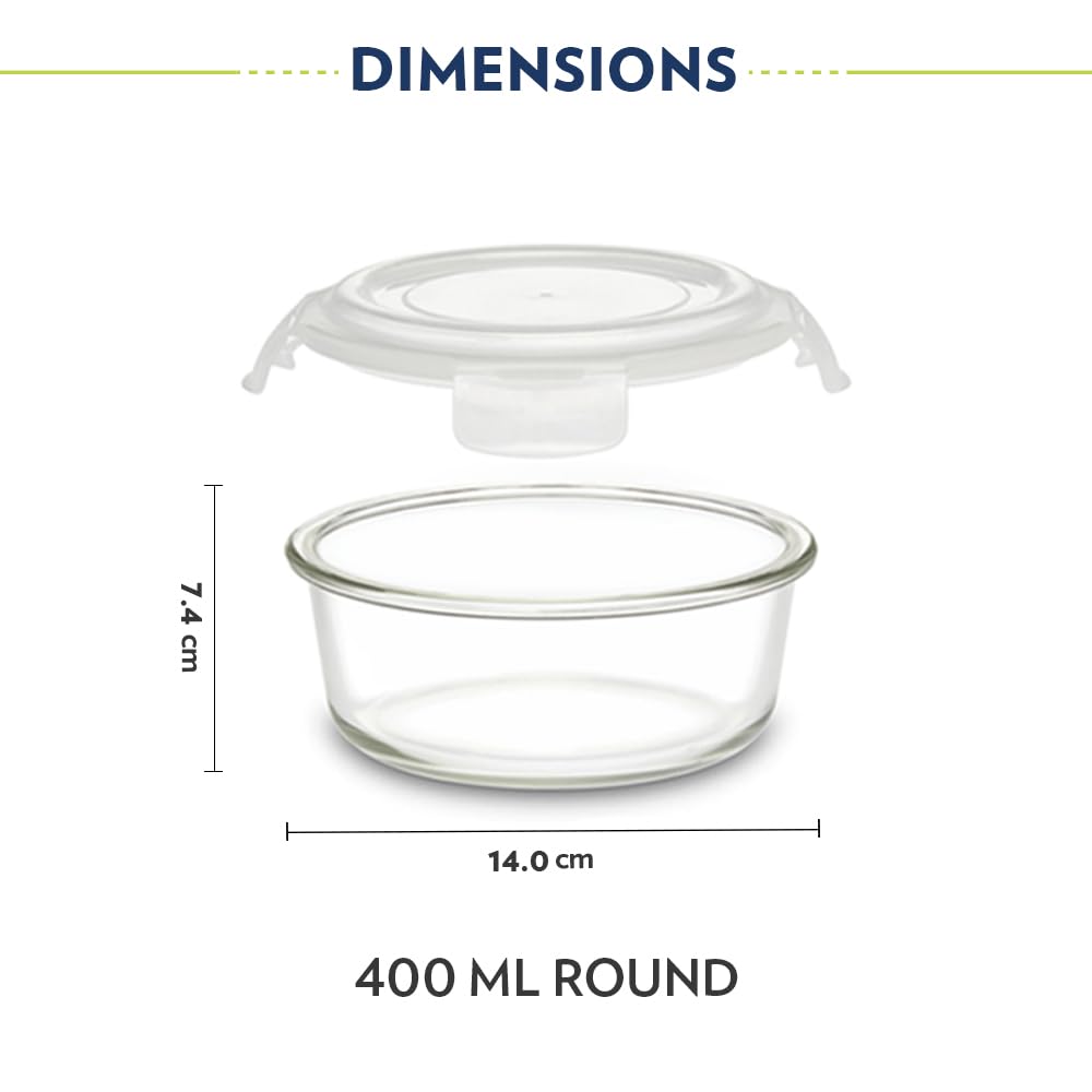 Borosil Eateasy Borosilicate Glass Lunchbox with Bag | 2 pc Round Container Set (400 ml Each) | Microwave & Dishwasher Safe, Leakproof | Tiffin for Office, School, College | Transparent, Vertical BGFGBTIF0005