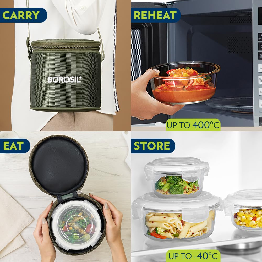 Borosil Eateasy Borosilicate Glass Lunchbox with Bag | 2 pc Round Container Set (400 ml Each) | Microwave & Dishwasher Safe, Leakproof | Tiffin for Office, School, College | Transparent, Vertical BGFGBTIF0005
