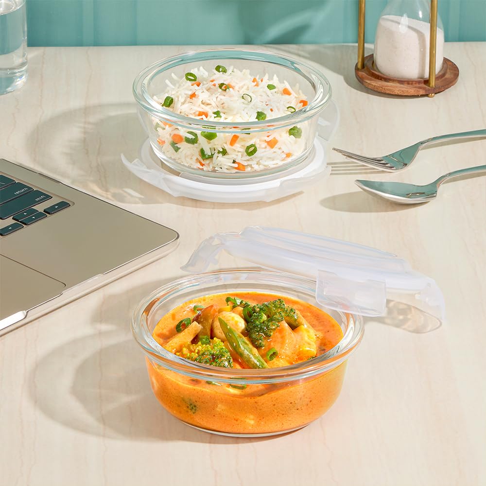 Borosil Eateasy Borosilicate Glass Lunchbox with Bag | 2 pc Round Container Set (400 ml Each) | Microwave & Dishwasher Safe, Leakproof | Tiffin for Office, School, College | Transparent, Vertical BGFGBTIF0005