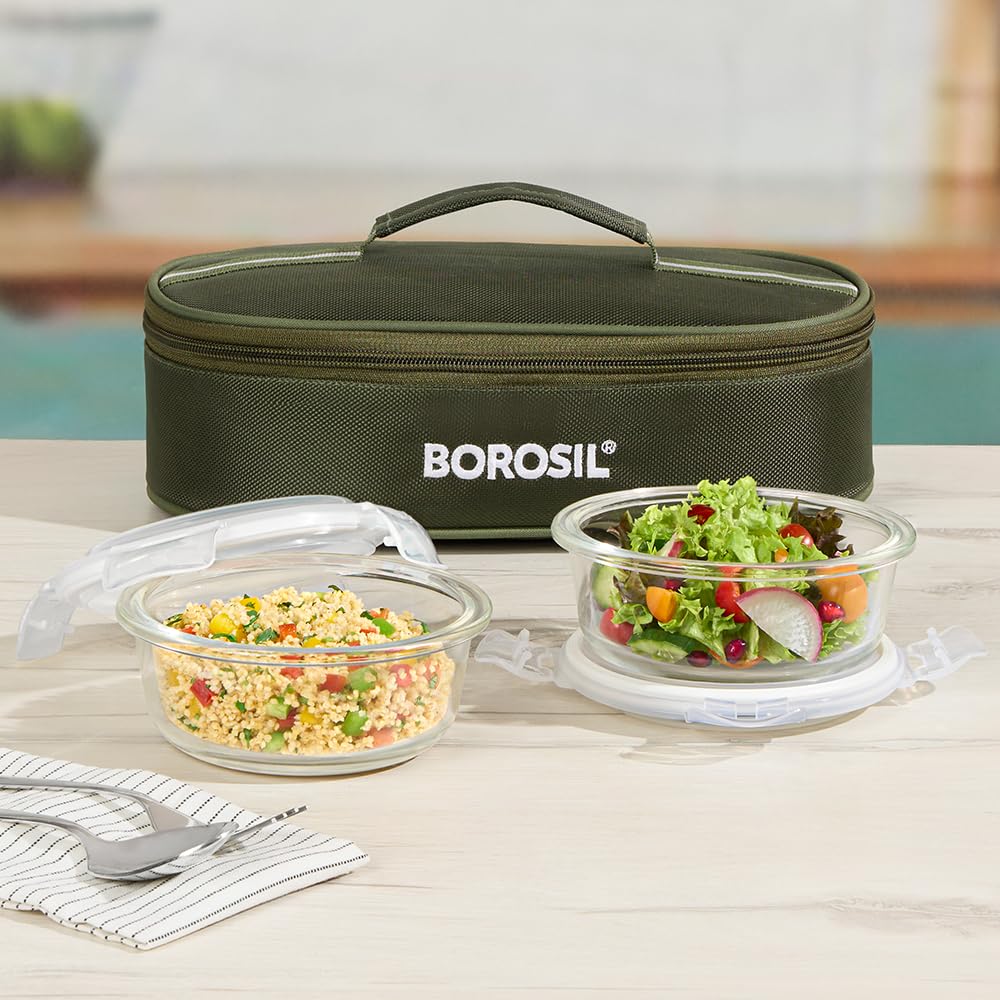Borosil Eateasy Borosilicate Glass Lunchbox with Bag | 2 pc Round Container Set (400 ml Each) | Microwave & Dishwasher Safe, Leakproof | Tiffin for Office, School, College | Transparent, Horizontal BGFGBTIF0006