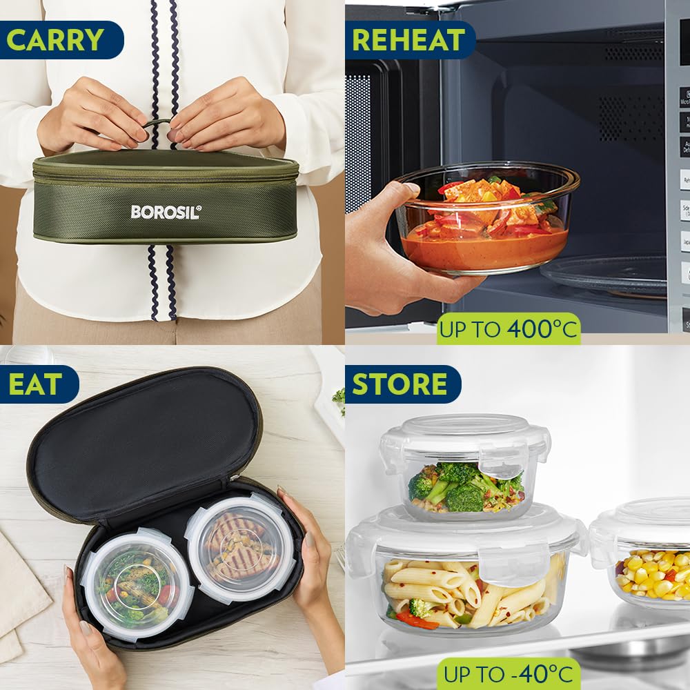 Borosil Eateasy Borosilicate Glass Lunchbox with Bag | 2 pc Round Container Set (400 ml Each) | Microwave & Dishwasher Safe, Leakproof | Tiffin for Office, School, College | Transparent, Horizontal BGFGBTIF0006