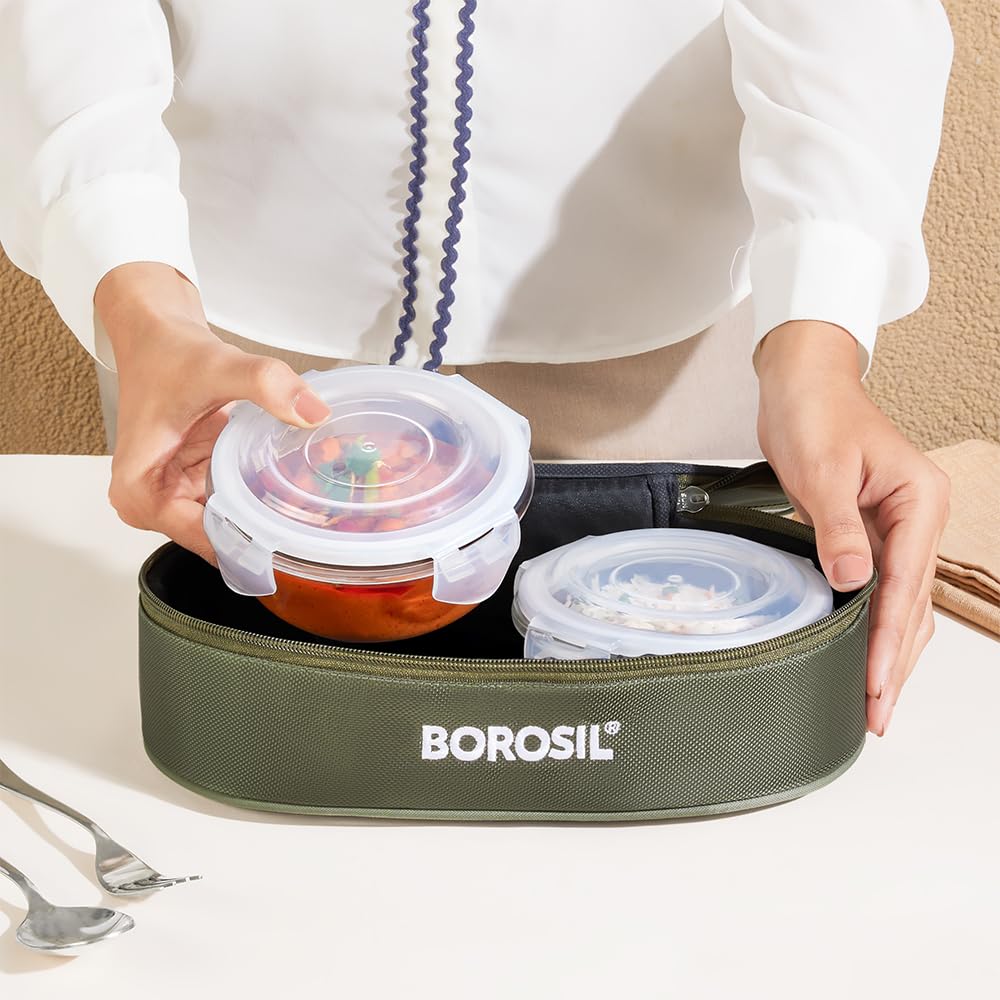 Borosil Eateasy Borosilicate Glass Lunchbox with Bag | 2 pc Round Container Set (400 ml Each) | Microwave & Dishwasher Safe, Leakproof | Tiffin for Office, School, College | Transparent, Horizontal BGFGBTIF0006