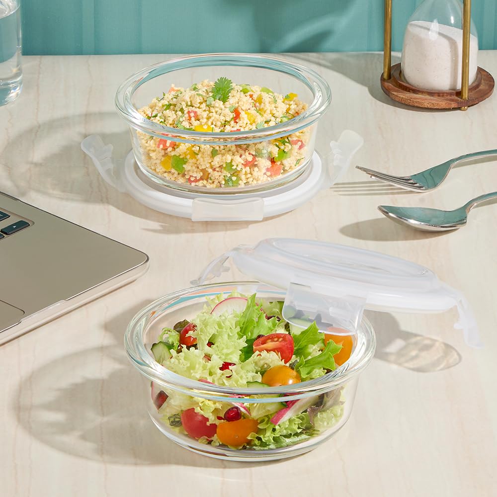 Borosil Eateasy Borosilicate Glass Lunchbox with Bag | 2 pc Round Container Set (400 ml Each) | Microwave & Dishwasher Safe, Leakproof | Tiffin for Office, School, College | Transparent, Horizontal BGFGBTIF0006