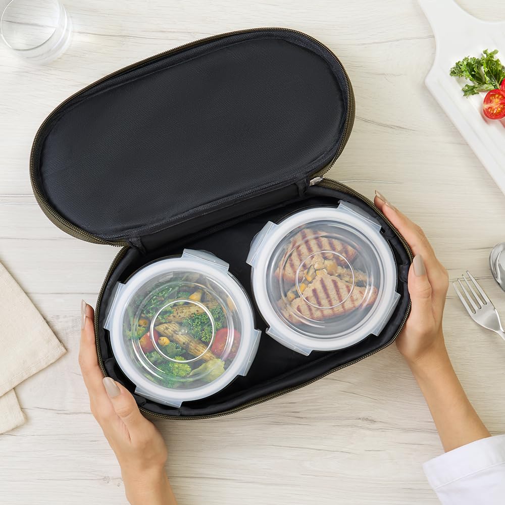 Borosil Eateasy Borosilicate Glass Lunchbox with Bag | 2 pc Round Container Set (400 ml Each) | Microwave & Dishwasher Safe, Leakproof | Tiffin for Office, School, College | Transparent, Horizontal BGFGBTIF0006