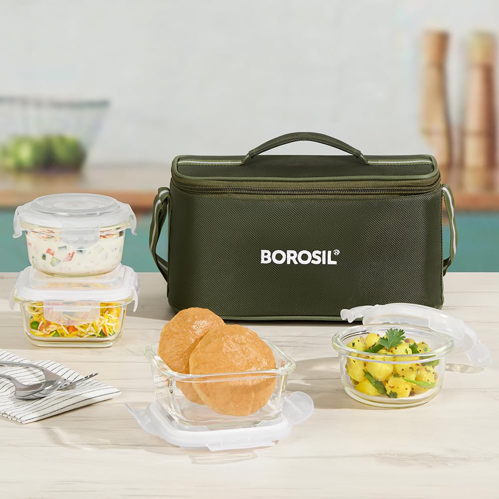 Borosil Eateasy Universal Borosilicate Glass Lunchbox with Bag | Set of 4 (320ml x 2 Square + 240ml x 2 Round) | Microwave & Dishwasher Safe, Leakproof | Tiffin for Office, School BGFGBTIF0007