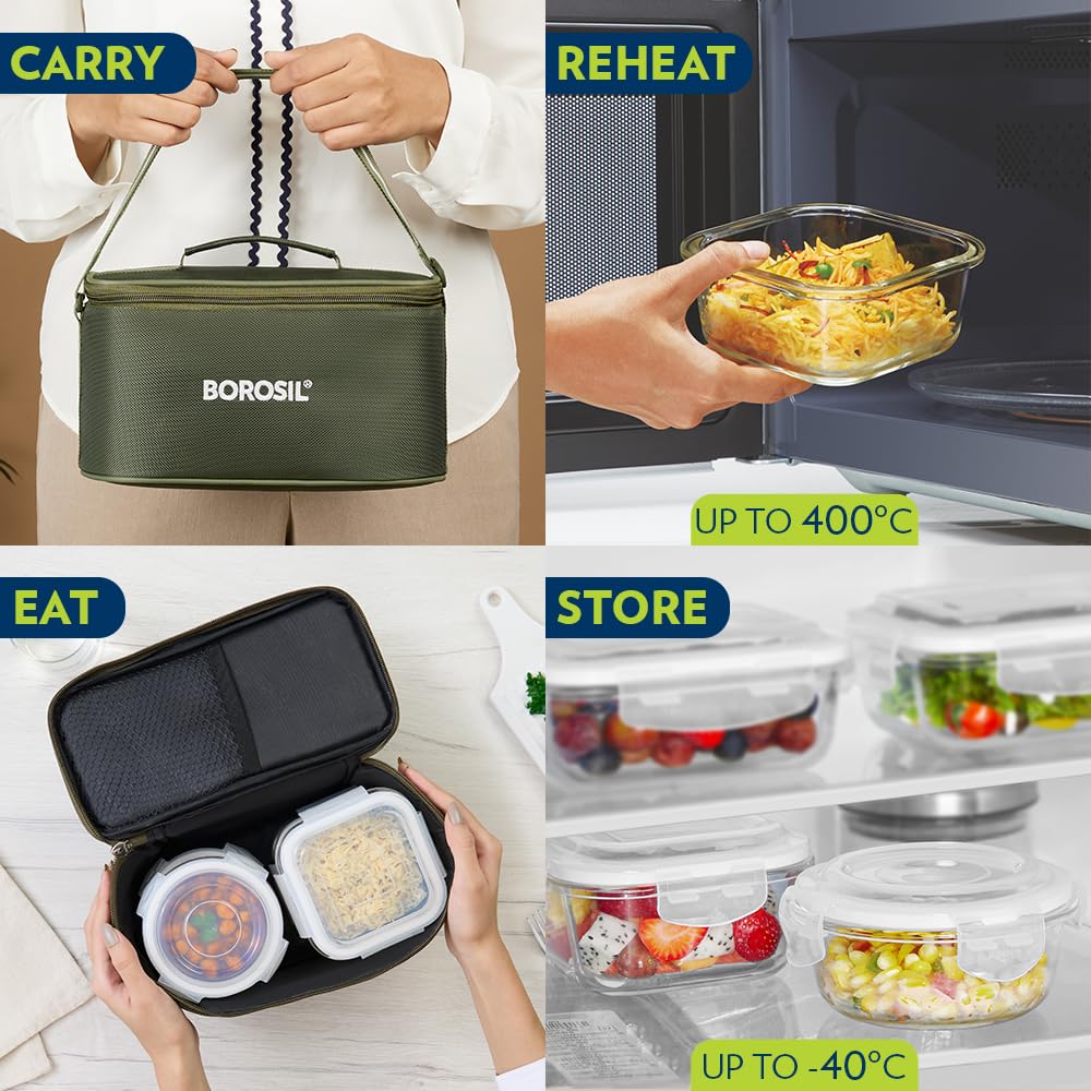 Borosil Eateasy Universal Borosilicate Glass Lunchbox with Bag | Set of 4 (320ml x 2 Square + 240ml x 2 Round) | Microwave & Dishwasher Safe, Leakproof | Tiffin for Office, School BGFGBTIF0007