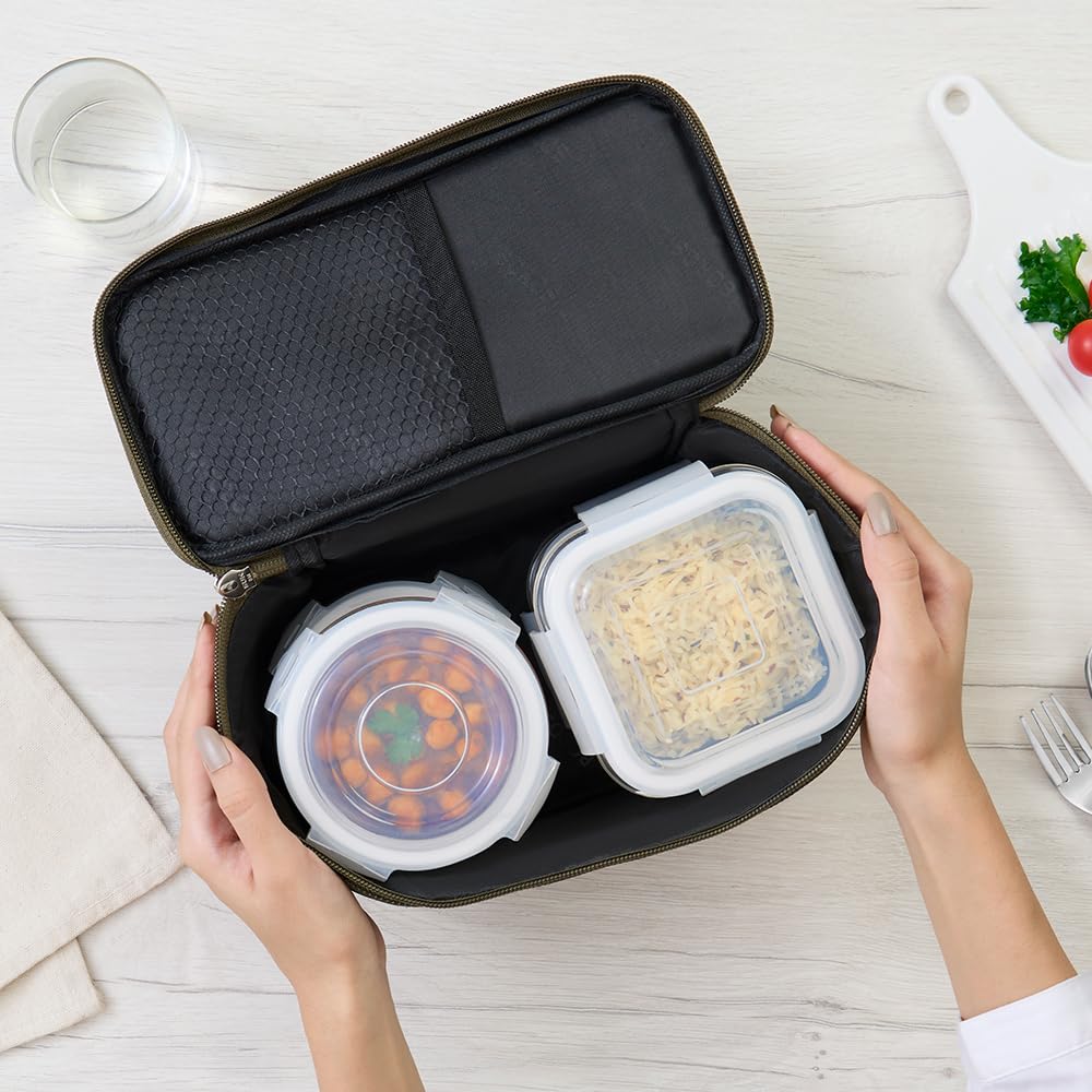 Borosil Eateasy Universal Borosilicate Glass Lunchbox with Bag | Set of 4 (320ml x 2 Square + 240ml x 2 Round) | Microwave & Dishwasher Safe, Leakproof | Tiffin for Office, School BGFGBTIF0007