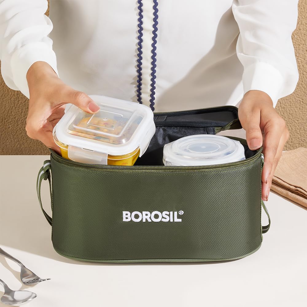 Borosil Eateasy Universal Borosilicate Glass Lunchbox with Bag | Set of 4 (320ml x 2 Square + 240ml x 2 Round) | Microwave & Dishwasher Safe, Leakproof | Tiffin for Office, School BGFGBTIF0007