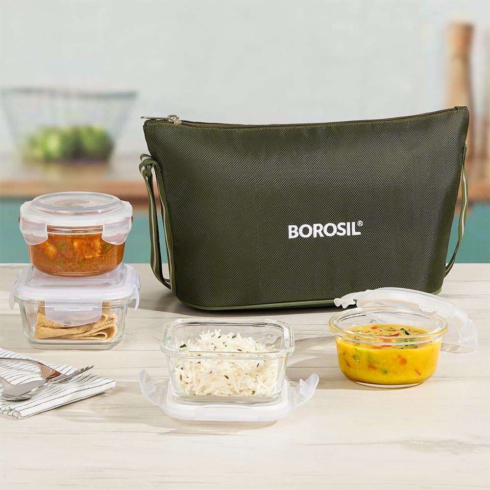 Borosil Eateasy Daisy Borosilicate Glass Lunchbox with Bag | Set of 4 (320ml x 2 Square + 240ml x 2 Round) | Microwave & Dishwasher Safe, Leakproof | Tiffin for Office, School BGFGBTIF0008