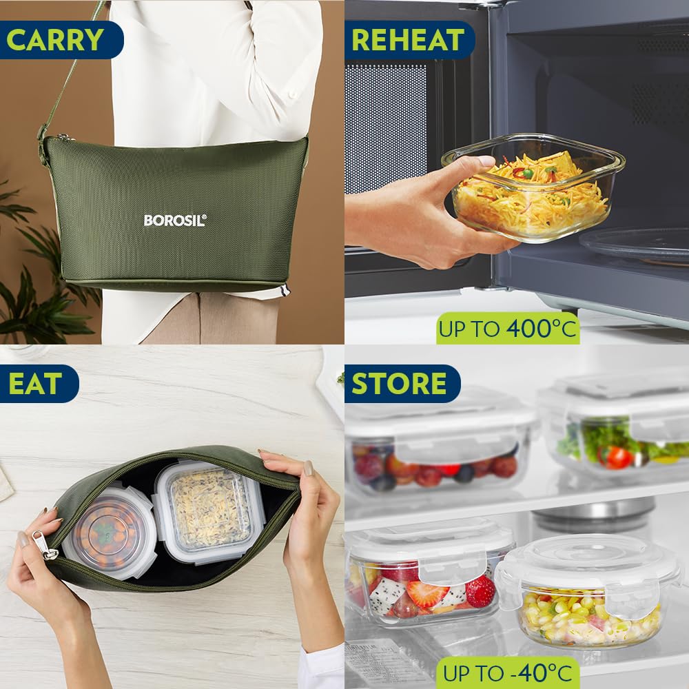 Borosil Eateasy Daisy Borosilicate Glass Lunchbox with Bag | Set of 4 (320ml x 2 Square + 240ml x 2 Round) | Microwave & Dishwasher Safe, Leakproof | Tiffin for Office, School BGFGBTIF0008