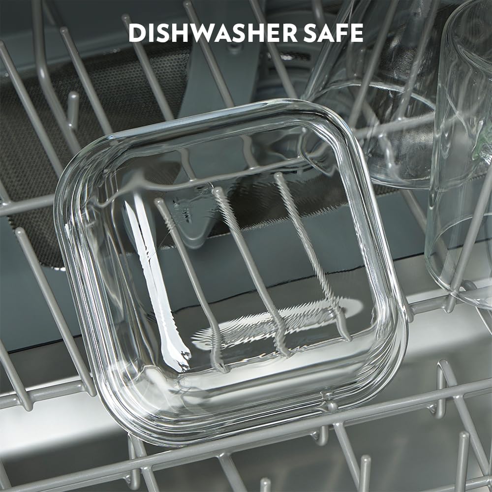 Borosil Eateasy Daisy Borosilicate Glass Lunchbox with Bag | Set of 4 (320ml x 2 Square + 240ml x 2 Round) | Microwave & Dishwasher Safe, Leakproof | Tiffin for Office, School BGFGBTIF0008