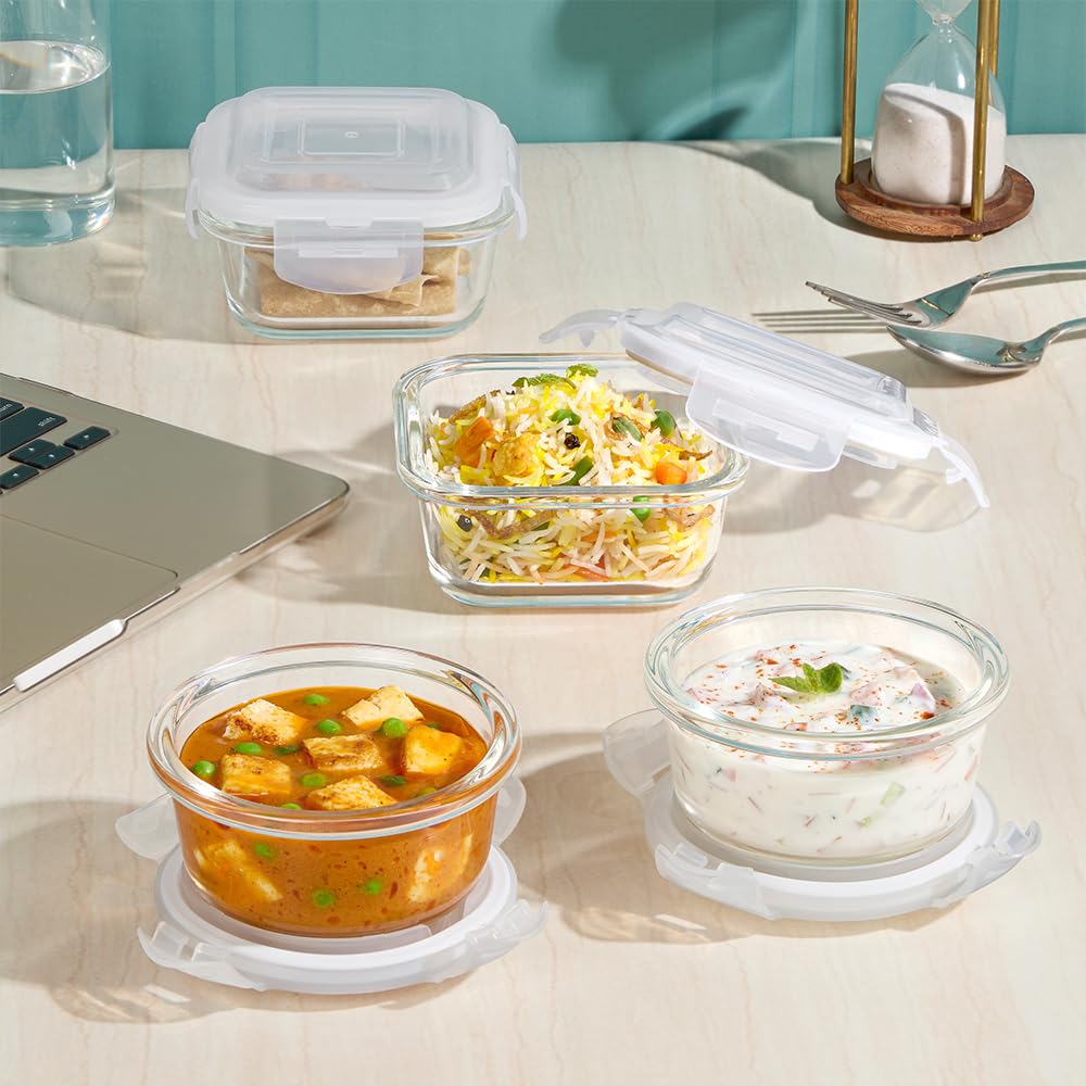 Borosil Eateasy Daisy Borosilicate Glass Lunchbox with Bag | Set of 4 (320ml x 2 Square + 240ml x 2 Round) | Microwave & Dishwasher Safe, Leakproof | Tiffin for Office, School BGFGBTIF0008