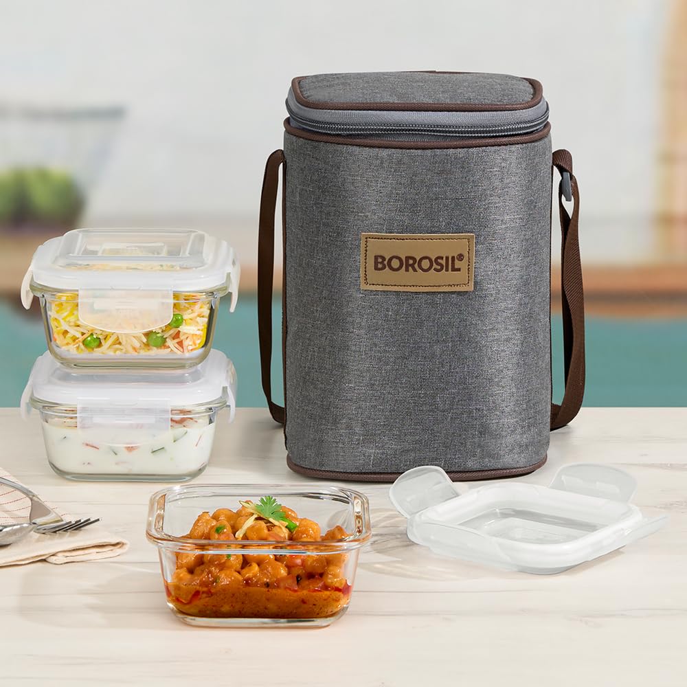 Borosil Pro Borosilicate Glass Lunchbox with Bag | 3 pc Square Container Set (320 ml Each) | Microwave & Dishwasher Safe, Leakproof | Tiffin for Office, School, College | Transparent BGFGBTIF0009