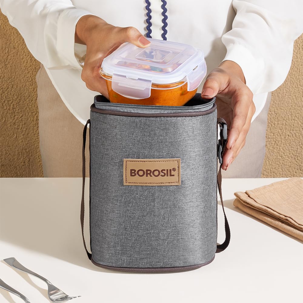 Borosil Pro Borosilicate Glass Lunchbox with Bag | 3 pc Square Container Set (320 ml Each) | Microwave & Dishwasher Safe, Leakproof | Tiffin for Office, School, College | Transparent BGFGBTIF0009