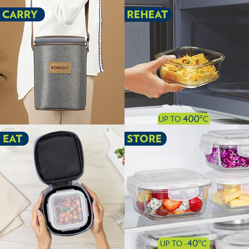 Borosil Pro Borosilicate Glass Lunchbox with Bag | 3 pc Square Container Set (320 ml Each) | Microwave & Dishwasher Safe, Leakproof | Tiffin for Office, School, College | Transparent BGFGBTIF0009
