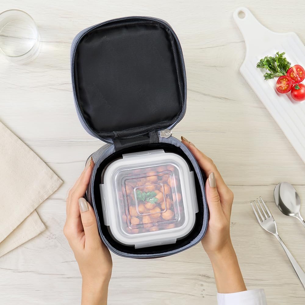 Borosil Pro Borosilicate Glass Lunchbox with Bag | 3 pc Square Container Set (320 ml Each) | Microwave & Dishwasher Safe, Leakproof | Tiffin for Office, School, College | Transparent BGFGBTIF0009