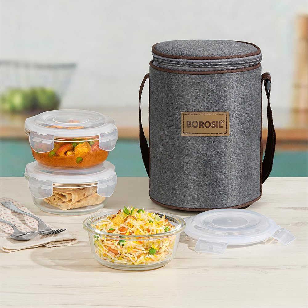 Borosil Pro Borosilicate Glass Lunchbox With Bag | 3 Pc Round Container Set (400 Ml Each) | Microwave & Dishwasher Safe, Leakproof | Tiffin For Office, School, College | Transparent - Color: Transparen