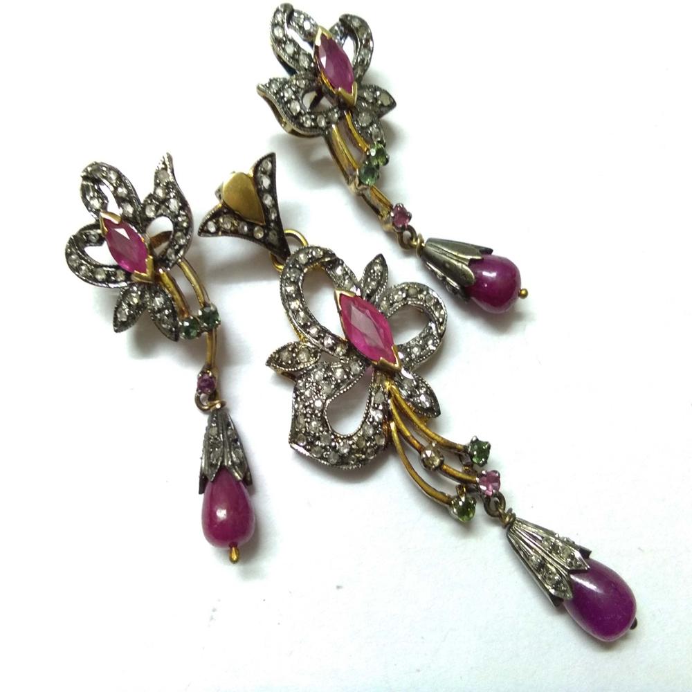 Ruby Diamond Gold Silver Victorian Pendant Set Jewelry