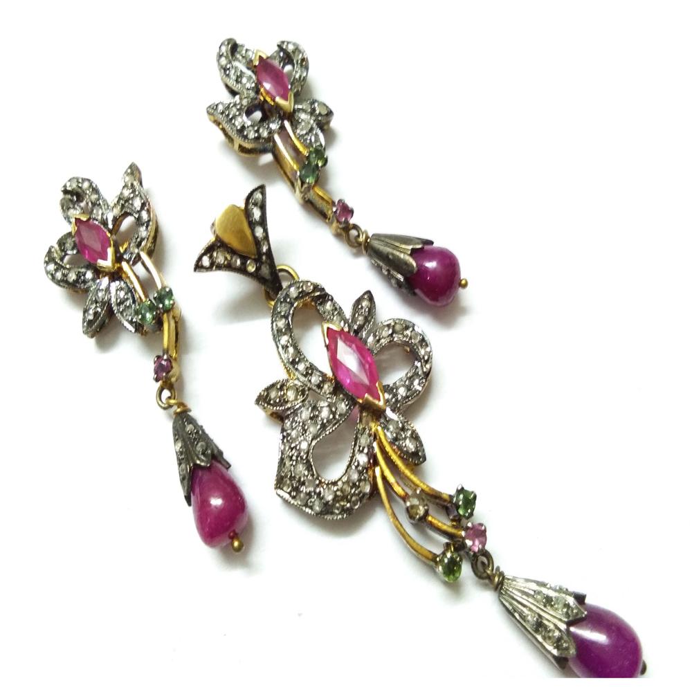 Ruby Diamond Gold Silver Victorian Pendant Set Jewelry