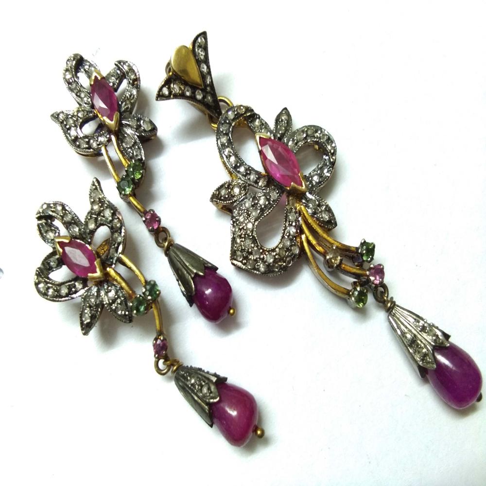 Ruby Diamond Gold Silver Victorian Pendant Set Jewelry