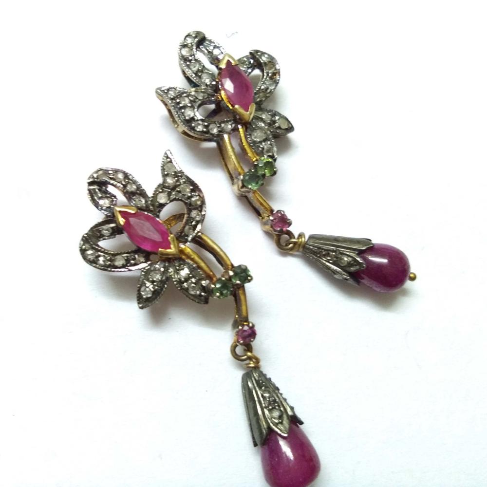 Ruby Diamond Gold Silver Victorian Pendant Set Jewelry