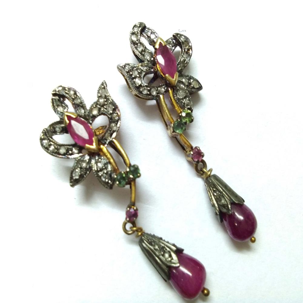 Ruby Diamond Gold Silver Victorian Pendant Set Jewelry