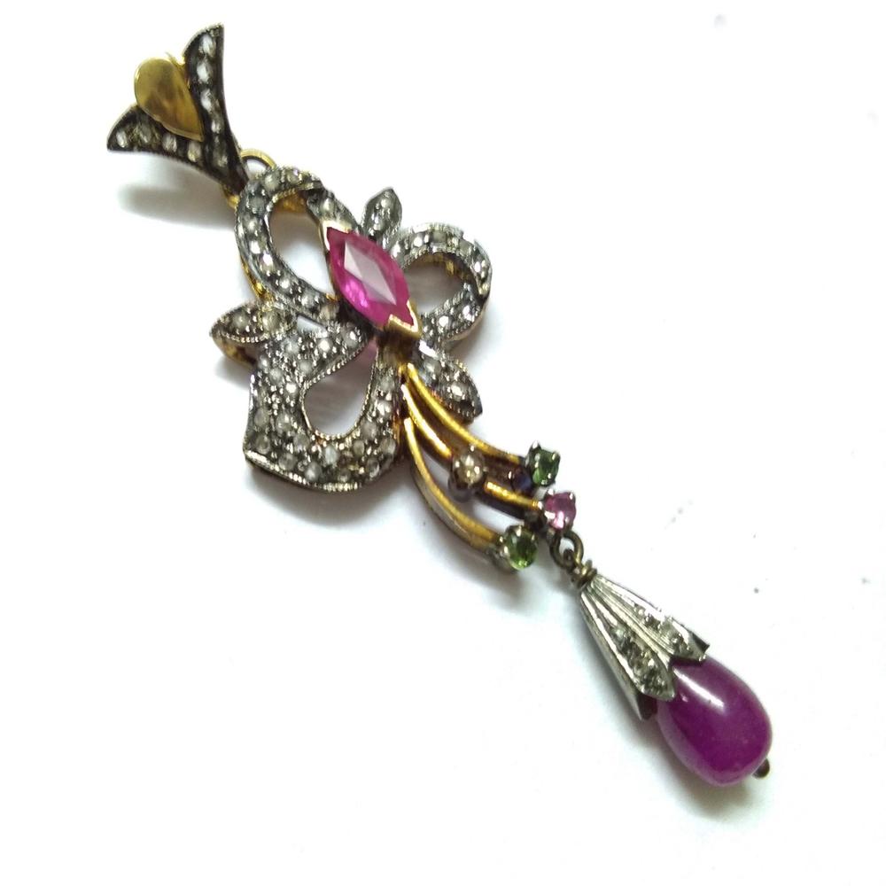 Ruby Diamond Gold Silver Victorian Pendant Set Jewelry