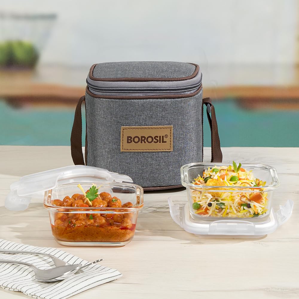 Borosil Pro Borosilicate Glass Lunchbox with Bag | 2 pc Square Container Set (320 ml Each) | Microwave & Dishwasher Safe, Leakproof | Tiffin for Office, School, College | Transparent, Vertical BGFGBTIF0011