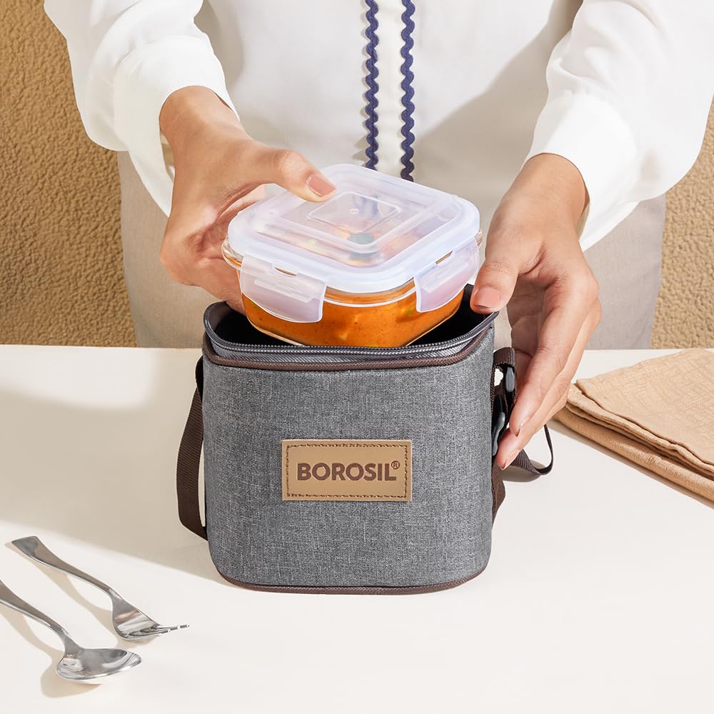 Borosil Pro Borosilicate Glass Lunchbox with Bag | 2 pc Square Container Set (320 ml Each) | Microwave & Dishwasher Safe, Leakproof | Tiffin for Office, School, College | Transparent, Vertical BGFGBTIF0011