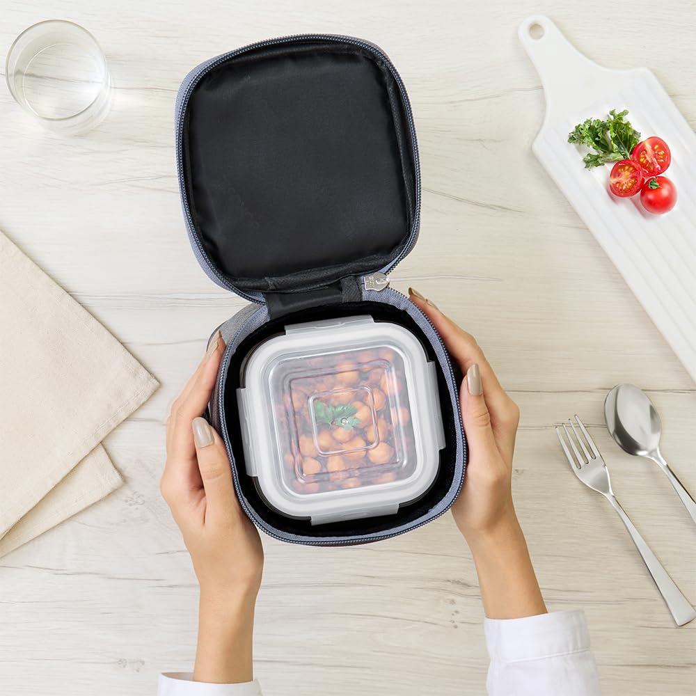 Borosil Pro Borosilicate Glass Lunchbox with Bag | 2 pc Square Container Set (320 ml Each) | Microwave & Dishwasher Safe, Leakproof | Tiffin for Office, School, College | Transparent, Vertical BGFGBTIF0011