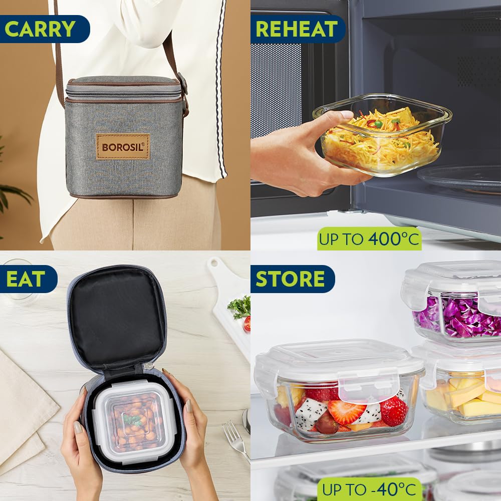 Borosil Pro Borosilicate Glass Lunchbox with Bag | 2 pc Square Container Set (320 ml Each) | Microwave & Dishwasher Safe, Leakproof | Tiffin for Office, School, College | Transparent, Vertical BGFGBTIF0011