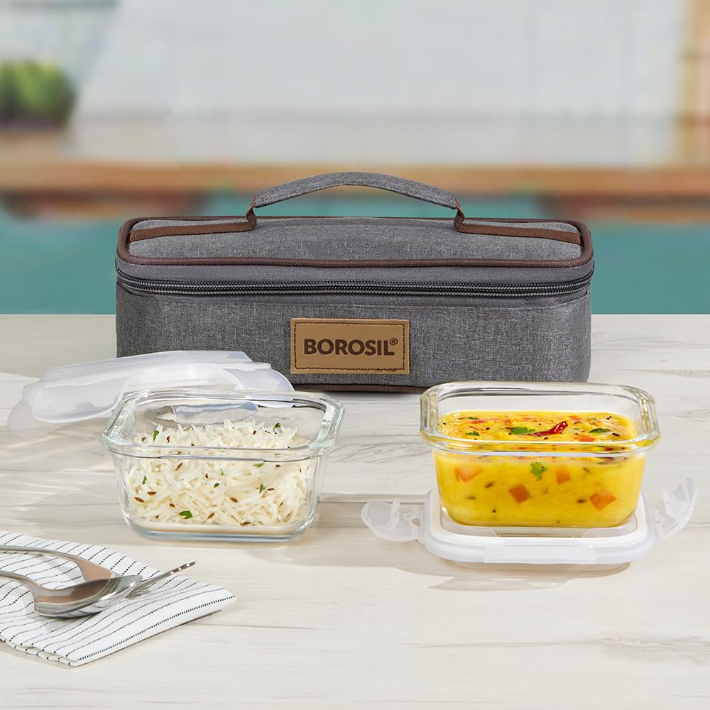 Borosil Pro Borosilicate Glass Lunchbox with Bag | 2 pc Square Container Set (320 ml Each) | Microwave & Dishwasher Safe, Leakproof | Tiffin for Office, School, College | Transparent, Horizontal BGFGBTIF0012